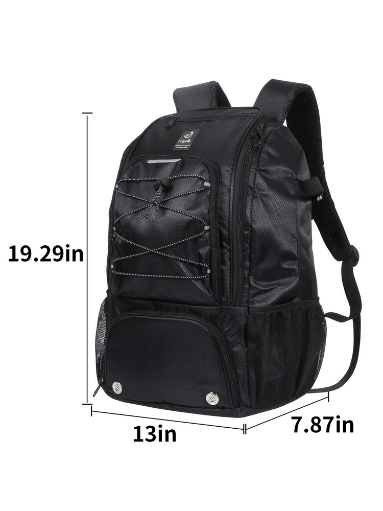 Black stylish sports backpack with multiple pockets, air cushion straps, and soft handle, measuring 19.29x13x7.87 inches.
